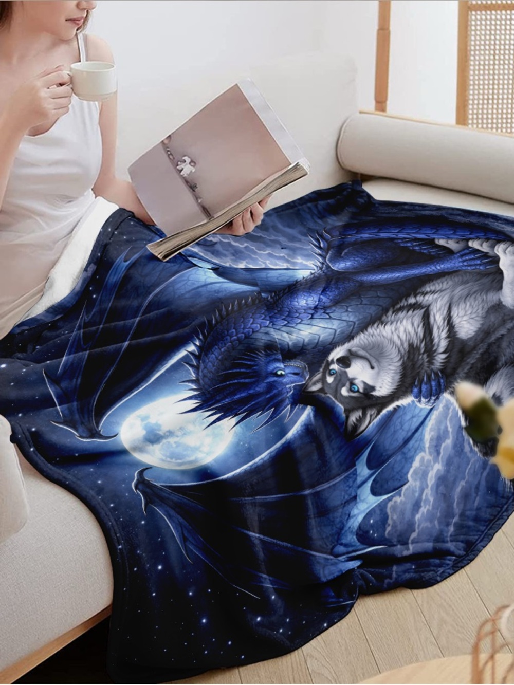 Mystic Blue Dragon & Husky Fleece Throw Blanket - Picture 5 of 6